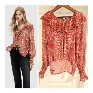 All Saints Phoebe Snake Print V-Neck Ruffle Patterned Blouse NEW